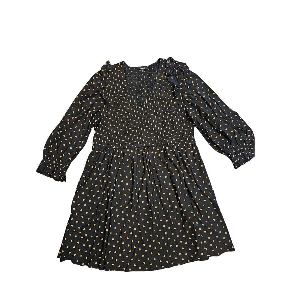 Madewell Lucie swing dress black gold dot womens xl smocked flirty mini viscose